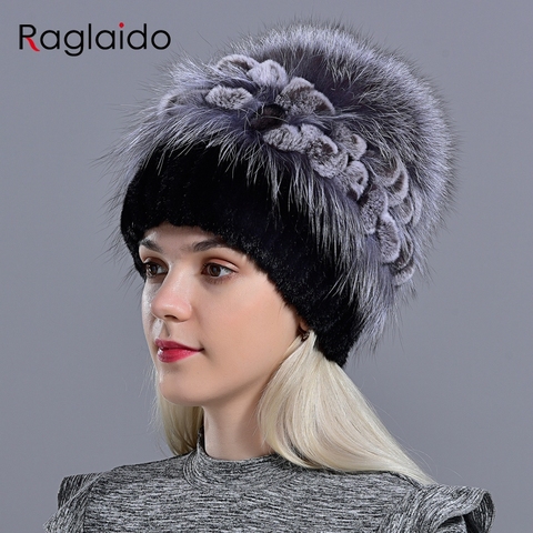 Sombrero de Piel de visón natural para mujer, Gorro con pompón de zorro, conejo, flores, moda para chicas, gorro para invierno de piel ► Foto 1/6