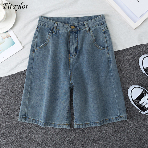 Fitaylor-pantalones cortos vaqueros de cintura alta para mujer, Vaqueros cortos de pierna azul ancho, ropa de calle firme, Shorts vaqueros rectos 2022 ► Foto 1/6