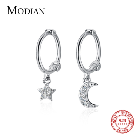 Modian-pendientes de aro de estrella y Luna para mujer, de Plata de Ley 925 auténtica, aretes asimétricos, accesorios de joyería delicada ► Foto 1/5