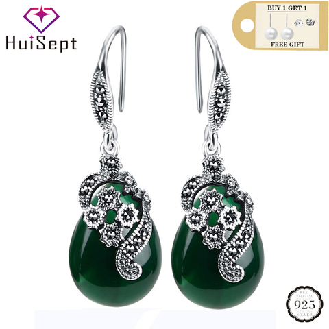 HuiSept, pendientes de plata Vintage 925 con forma de gota de agua, Esmeralda, rubí, piedras preciosas, adornos de joyería para mujeres, pendientes de boda al por mayor ► Foto 1/6