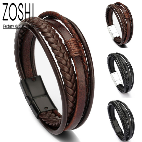 Pulsera de cuero sintético para hombre, brazalete trenzado con cierre magnético, pulsera envolvente multicapa ► Foto 1/6