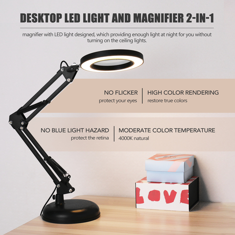 Lámpara de escritorio con lupa de 5 aumentos, luz LED, lámpara plegable para lectura con tres modos de atenuación, fuente de alimentación USB ► Foto 1/6