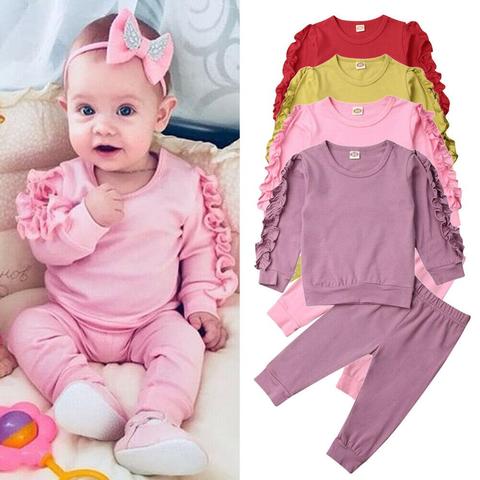 Ropa de otoño-invierno para recién nacidos, conjunto de ropa para dormir para niñas pequeñas, sudadera de manga larga con volantes, pantalones, 2 uds. ► Foto 1/5