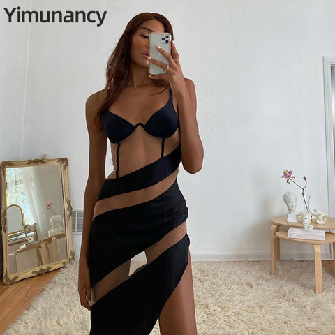 Yimunancy-vestido de tirantes finos para mujer, vestido Sexy de malla de retazos transparente, vestido de verano 2022 ► Foto 1/6