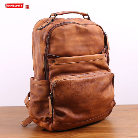 Mochila de viaje de cuero para hombre, morral escolar de gran capacidad, bolso para ordenador portátil para hombre, de piel de vaca curtida, teñida con agua, novedad de 2022 ► Foto 1/1