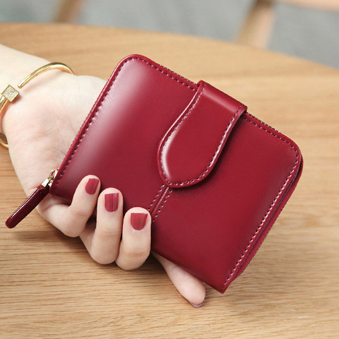 Cartera de piel auténtica con cera de aceite para mujer, tarjetero pequeño, monedero, BILLETERA, color rojo y amarillo, 2022 ► Foto 1/6