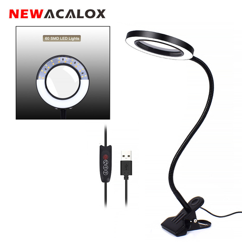 NEWACALOX Flexible 3X/5X USB 3 colores Lámpara lupa Clip-on Escritorio de mesa LED lectura lente grande lupa iluminada ► Foto 1/6