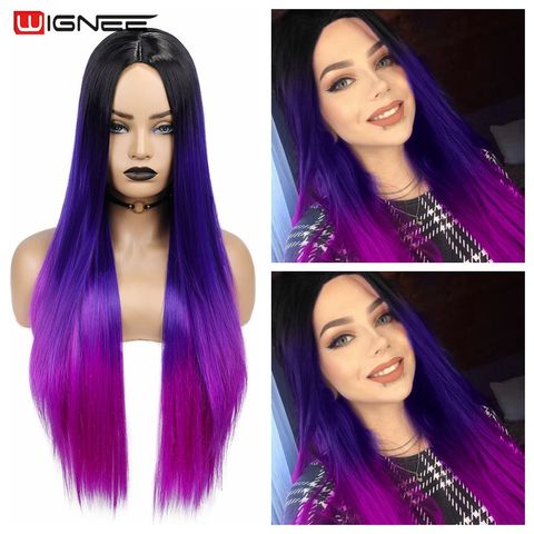 Wignee-Peluca de cabello sintético largo y liso para mujer, pelo de color púrpura ombré, parte media, fibra resistente al calor, para fiesta, paquete diario ► Foto 1/6