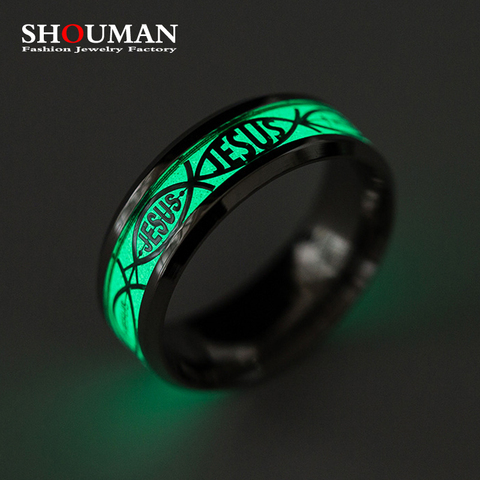 SHOUMAN-anillo fluorescente luminoso con fondo verde incrustado de Jesús dorado para hombre y mujer, brillante en la oscuridad ► Foto 1/5