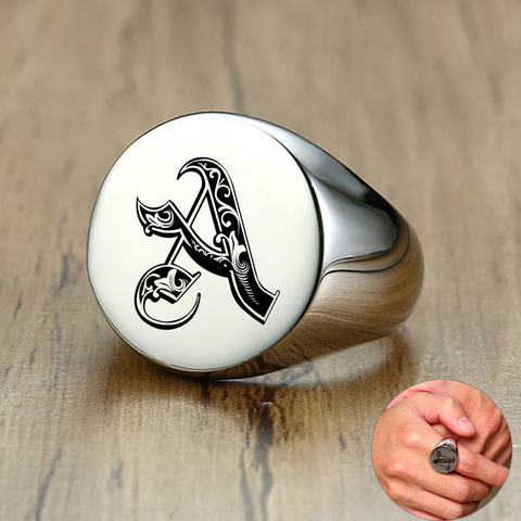 Vnox-anillos de sellos con iniciales de fuente de diseño elegante para hombre, banda de acero inoxidable con grabado de letras, Punk, Rock Heavy, joyería a granel ► Foto 1/6