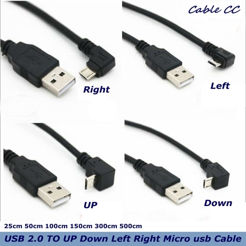 Cable conector de carga de datos, Micro USB macho a USB macho de 90 grados hacia arriba y abajo en ángulo izquierdo-derecho, 25cm 50cm para tableta 5 pies ► Foto 1/4