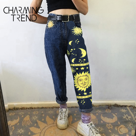 Pantalones vaqueros de cintura alta para mujer, pantalones vaqueros de verano para mujer, pantalones vaqueros elegantes de moda para chicas, sol, estrella, pantalones con estampado de Luna para mujer ► Foto 1/6