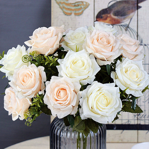 Ramo de flores artificiales para decoración de boda, Rosa grande de alta calidad, color blanco y rojo, para mesa de casa ► Foto 1/6
