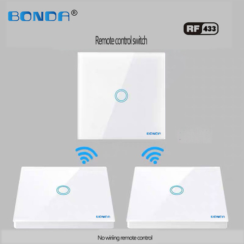 BONDA estándar de la UE, 1 gang 2 way panel de vidrio smart home 433mhz lámpara de pared remota inalámbrica Interruptor táctil, interruptor táctil con mando a distancia ► Foto 1/6