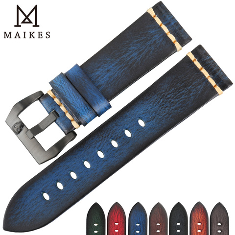 MAIKES-Correa de reloj hecha a mano de cuero de vaca genuino, correa de reloj azul Vintage, pulsera de reloj de 20mm, 22mm y 24mm ► Foto 1/6
