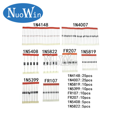 De conmutación rápida diodo Schottky kit 1N4148 1N4007 1N5819 1N5399 1N5408 1N5822 FR107 FR207 8 valores = 100 Uds componentes electrónicos ► Foto 1/1