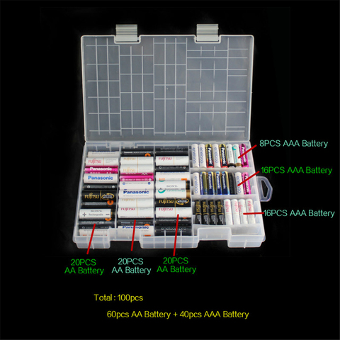 Caja de almacenamiento de batería de 40x aaa + fondo de batería de 60x aa, caja de almacenamiento de batería de plástico portátil de soporte, organizador, contenedor de pila aa aaa ► Foto 1/6