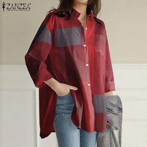 Mujeres Kaftan blusas de manga larga Casual suelta camisa de trabajo bolsillos asimétrico Chemise ZANZEA otoño Plaid Tops de talla grande 5XL ► Foto 1/6