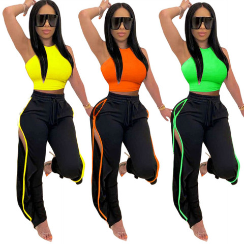 Conjuntos de pantalones de 2 piezas para mujer, sin mangas liso y conjuntos de Top corto Pantalones de deporte, chándales de dos piezas para mujer 2022 ► Foto 1/6