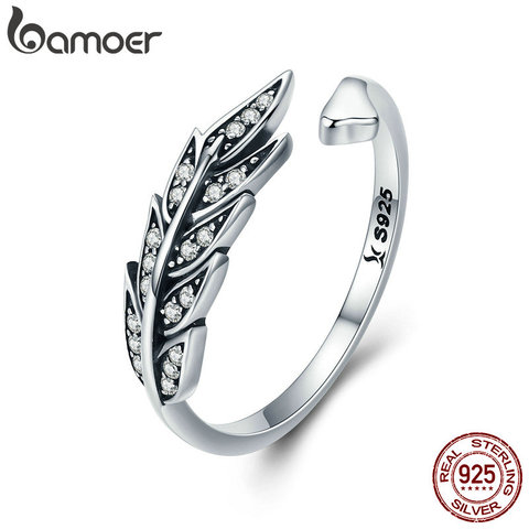 BAMOER-Anillo de plata de primera ley con forma de pluma para mujer, sortija ajustable, plata esterlina 925, alas de plumas, SCR313, gran oferta ► Foto 1/6