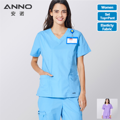 ANNO-Conjunto de exfoliantes elásticos uniforme de enfermera para mujer, ropa clínica, camisa, pantalón, salón de belleza, Wok, bata de enfermera ► Foto 1/6