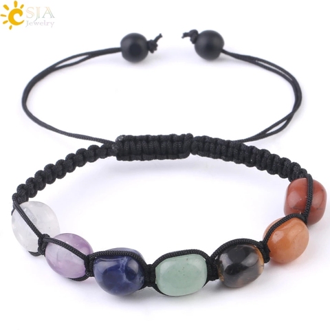 CSJA 7 Chakras y Reiki pulsera trenzada de piedra Natural cuentas irregulares curativas cuerda hecha a mano brazalete ajustable para mujeres G022 ► Foto 1/6