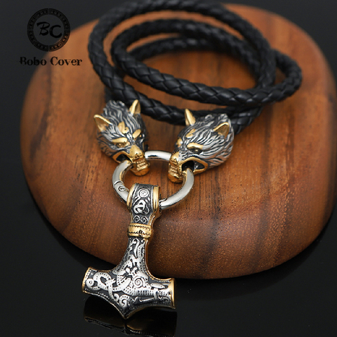 Colgante de cabeza de Lobo celta nórdica para hombre, cortadores de acero inoxidable, Mjolnir, martillo, collar de cuero, Vikingo, Vegvisir, amuleto, joyería ► Foto 1/6