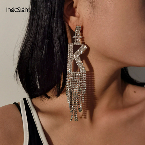 IngeSight.Z-pendientes de cristal colgantes para mujer, con diamantes de imitación brillantes, con las letras del alfabeto, pendientes de cristal colgantes largos, joyería ► Foto 1/6