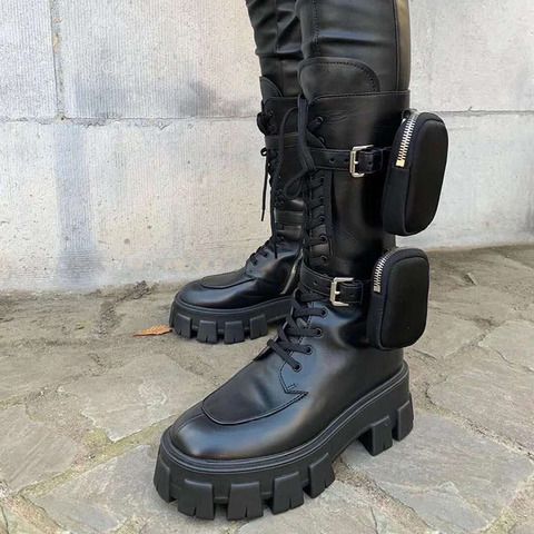 Botas de media caña con punta redonda para mujer, con cinturón de cuero genuino, con bolsillos y tacón grueso, zapatos Punk de combate, color negro ► Foto 1/6