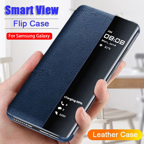 De cuero de lujo espejo inteligente Flip caso de teléfono para Samsung S20 S10 S9 S8 Plus Nota 20 UItra 10 Pro 8 9 A51 A71 A50 A31 funda ► Foto 1/6