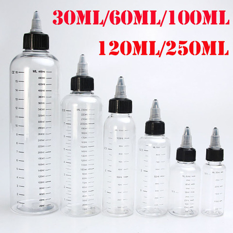 Botellas dispensadoras de plástico transparente con tapa de giro, botellas de tinta graduadas para tatuaje, 5 uds., 30ml/60ml/100ml/120ml/250ml ► Foto 1/6