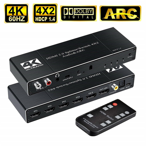 KuWFi 4K/60Hz HD-MI interruptor remoto 4x2 HDR HD-MI Switcher Audio Extractor con arco y IR interruptor HD-MI 2,0 para PS4 TV HDTV ► Foto 1/6