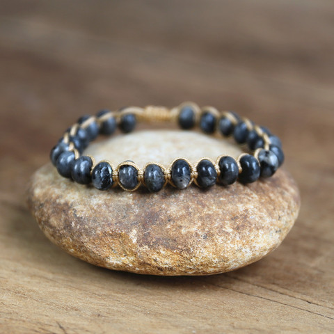 Pulsera trenzada de labradorita negra para hombre y mujer, joyería hecha a mano, cuentas de hilo de piedra Natural, brazalete ► Foto 1/6