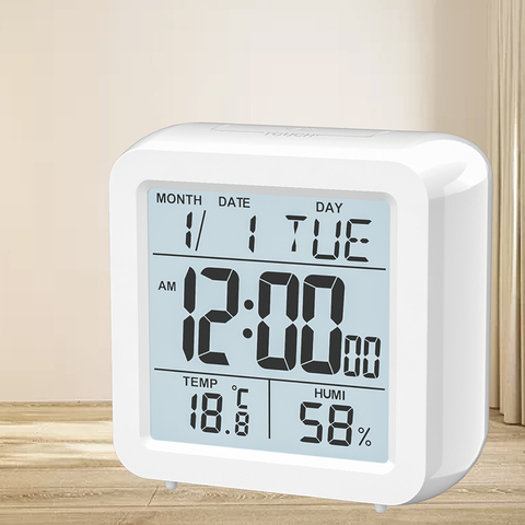 Reloj despertador Digital LCD para el hogar, cronógrafo con termómetro e higrómetro para dormitorio, color blanco ► Foto 1/6