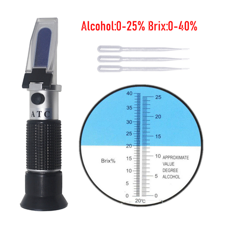 Medidor de concentración de vino de uva, refractómetro de Alcohol de mano, densímetro 0-25% Alcohol 0-40% Brix ATC probador de vino ► Foto 1/6