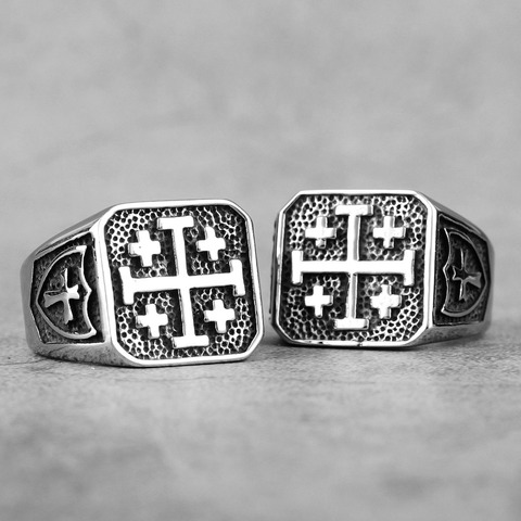 Cruz de Jerusalén la religión de acero inoxidable para hombre anillos Simple Retro para hombre novio joyas de motorista de la creatividad regalo venta al por mayor ► Foto 1/6