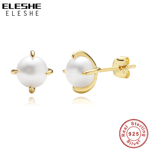 ELESHE-pendientes de plata de ley 925 con perlas de agua dulce chapadas en oro de 18K, para mujeres, regalo de fiesta, joyería clásica ► Foto 1/6