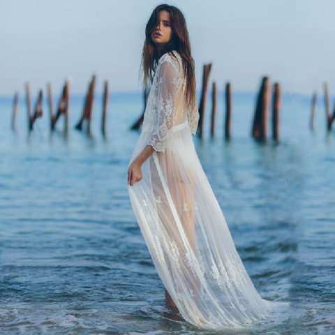 2022 elegante cubierta ups Sexy escote en V profundo vestido verano playa vestido de encaje blanco túnica de playa Mujer traje de baño Cover Up traje de plage Q916 ► Foto 1/6