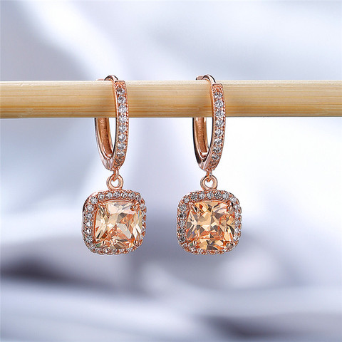 Pendientes de gota de cristal de arcoíris para mujer, aretes de aro de Color rosa dorado y plateado, aretes de boda cuadrados con abalorio para novia para mujer ► Foto 1/6