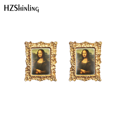 Pendientes de tuerca con pintura al óleo Vintage, pendientes de la Mona Lisa, pendientes cuadrados, joya de cúpula de cristal con estampado de arte Retro, novedad de 2022 ► Foto 1/6