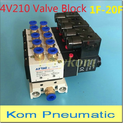 Bloque de válvula solenoide electromagnética múltiple, 4V210-08, con silenciador, colector de Base de ajuste, cc 12v 24v AC 110v 220v 2 10 vías ► Foto 1/6