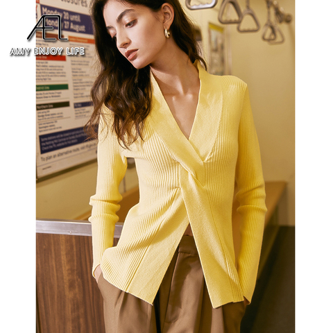 AEL-suéter de lana con cuello en V para mujer, Jersey sencillo entallado, tejido elástico, Top amarillo ► Foto 1/1