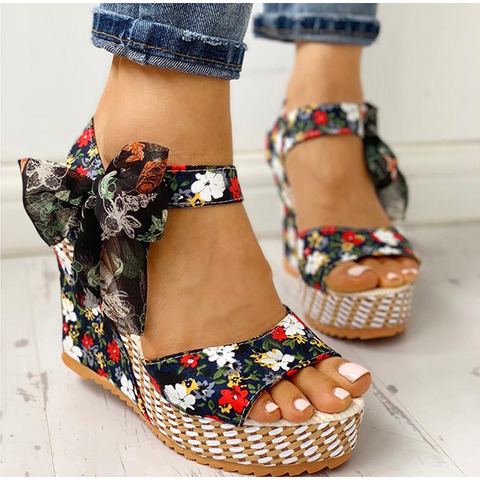 KAMUCC-Sandalias con cuña Floral para Mujer, zapato de gladiador con plataforma y correa en el tobillo, para verano, 2022 ► Foto 1/6