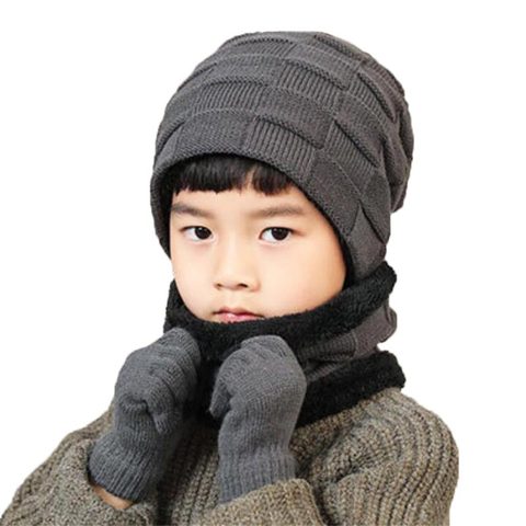 Gorro de invierno para niños, bufanda, guantes, conjunto de 3 piezas, para exterior, cálido, felpa de punto, gorro con bufandas y guantes con pantalla táctil, accesorios para niños ► Foto 1/6