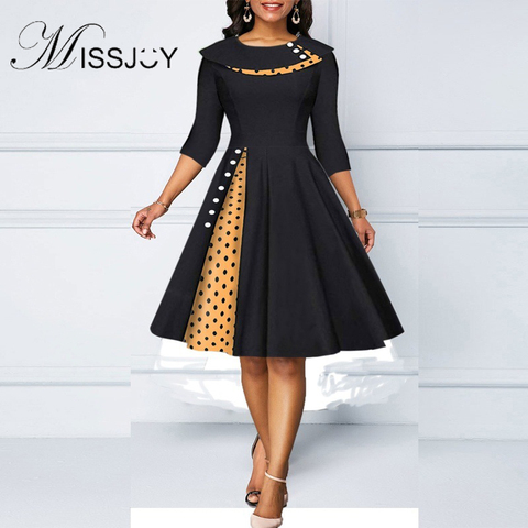 MISSJOY-Vestido largo de lunares con solapa para mujer, vestido largo hasta la rodilla entallado, con mangas de costura retro y corte en A ► Foto 1/2