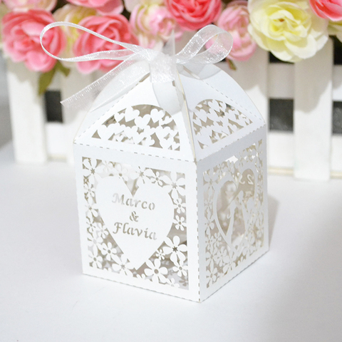 Kiss-cajas de recuerdo de boda personalizadas con corte láser, corazón, con cinta de organza ► Foto 1/6