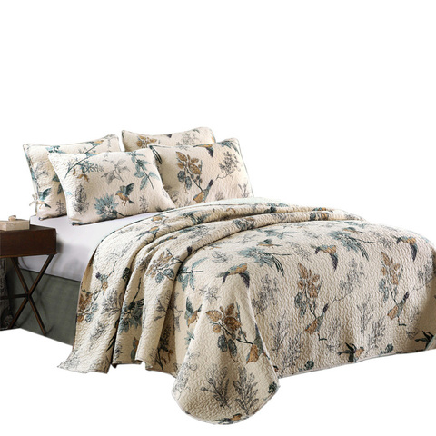 CHAUSUB-colchas suaves de algodón con estampado de pájaros, conjunto de 3 uds., colchas acolchadas, cubierta de cama, ropa de cama, manta King Size ► Foto 1/6