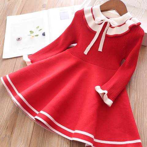 Vestido de punto de invierno para niña, suéter cálido para niña, vestido de princesa plisado de color puro informal ► Foto 1/6