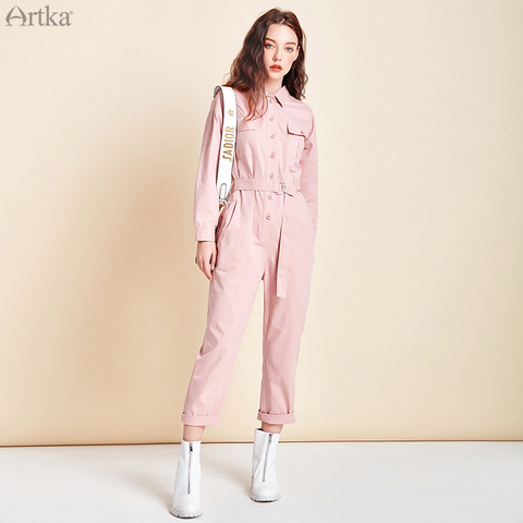 ARTKA 2022 primavera nuevo Mono de mujer 100% de algodón de moda de alta cintura mono de botón con cinturón mujer Casual monos KA25005C ► Foto 1/6