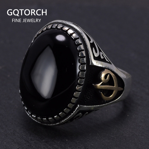 Grande de Plata de Ley 925 anillo de plata anillos para los hombres árabe Elif Vav con piedra Natural de ónix negro Ojos de tigre turco joyas de Alá ► Foto 1/6